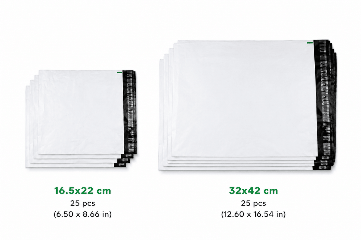 Postituspussi 2 kokoa Lähetyspussit 16,5 × 22 cm & 32 × 42 cm (25 kpl + 25 kpl) – Valkoiset itseliimautuvat postituspussit image 0