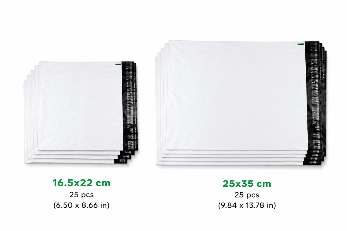 Postituspussi 2 kokoa Lähetyspussit 16,5 × 22 cm & 25 × 35 cm (25 kpl + 25 kpl) – Valkoiset itseliimautuvat postituspussit image 0