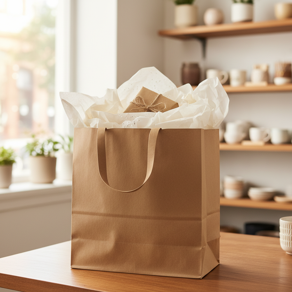 Ruskeat paperikassit Brown kraft paper bag with flat handles - lifestyle gift