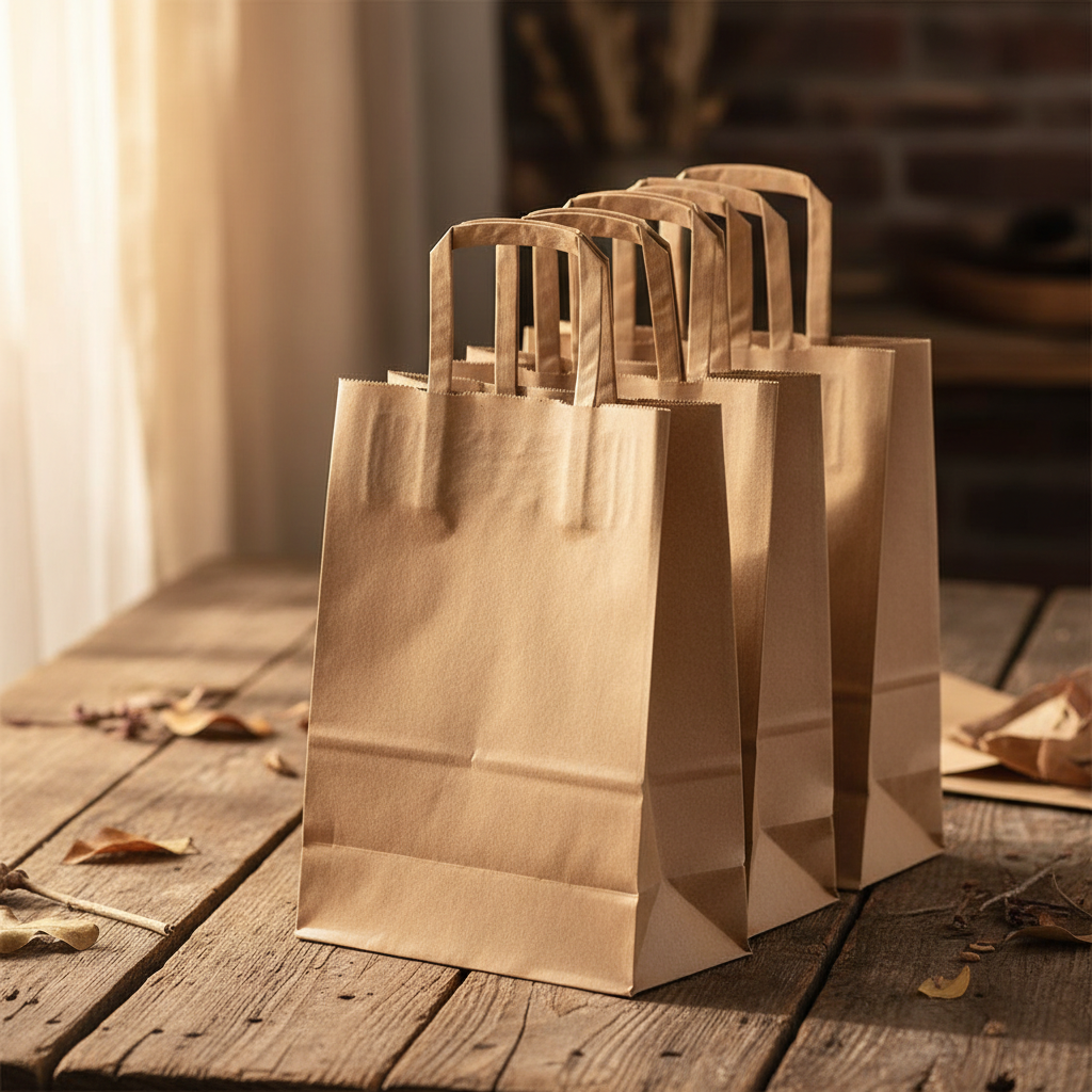 Ruskeat paperikassit Stack of brown kraft paper bags with flat handles